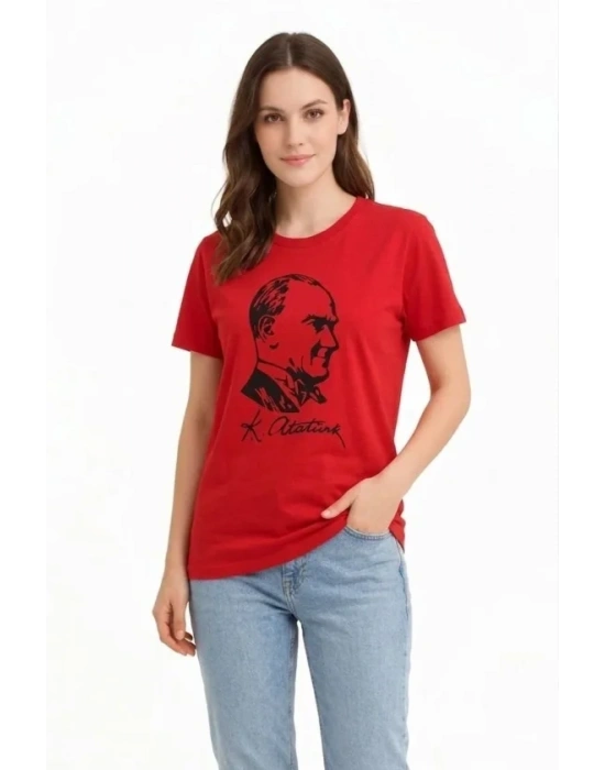 Atatürk Baskılı Tişört Kısa Kollu Bisiklet Yaka  Thirt  Kırmızı