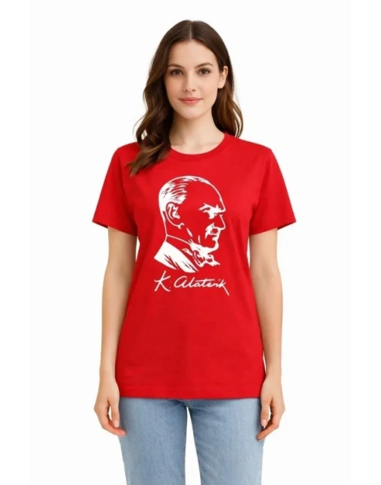 Atatürk Baskılı Tişört Kısa Kollu Bisiklet Yaka  Thirt  Kırmızı
