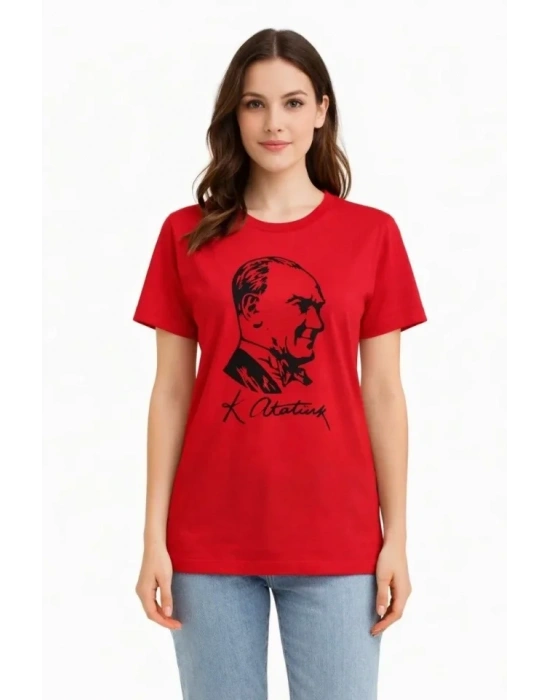 Atatürk Baskılı Tişört Kısa Kollu Bisiklet Yaka  Thirt  Kırmızı