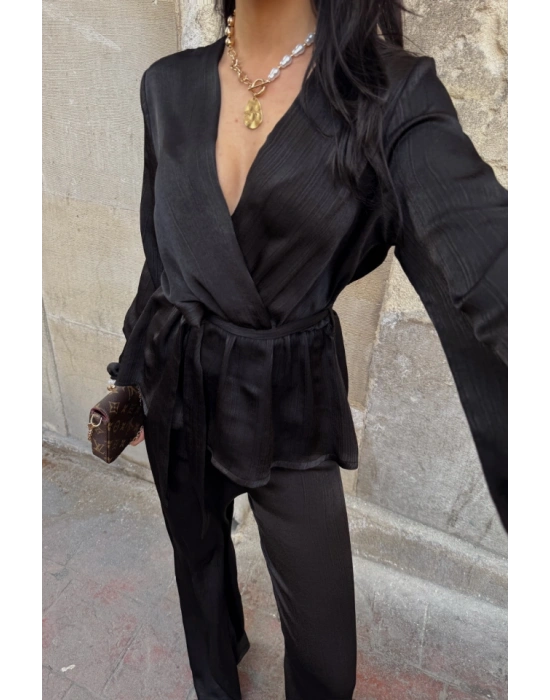 ATEN KRUVAZE BAĞLAMALI BLUZ PANTOLON TAKIM  iyah