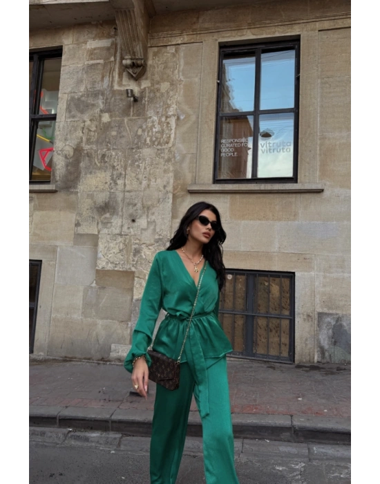 ATEN KRUVAZE BAĞLAALI BLUZ PANTOLON TAKI  Yeşil