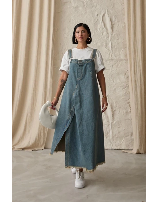 Mavi Askılı Düğmeli Kot Elbise