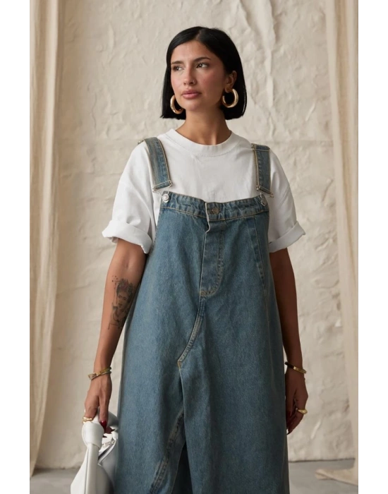 Mavi Askılı Düğmeli Kot Elbise