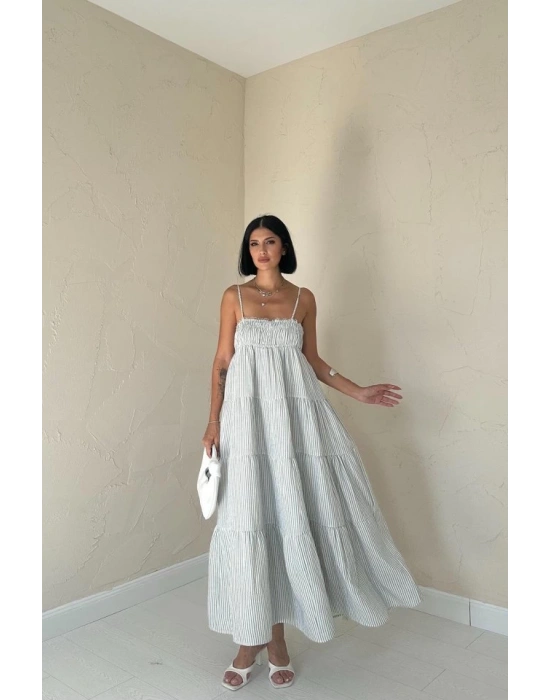 Mavi Askılı Parçalı Çizgili Müslin Elbise