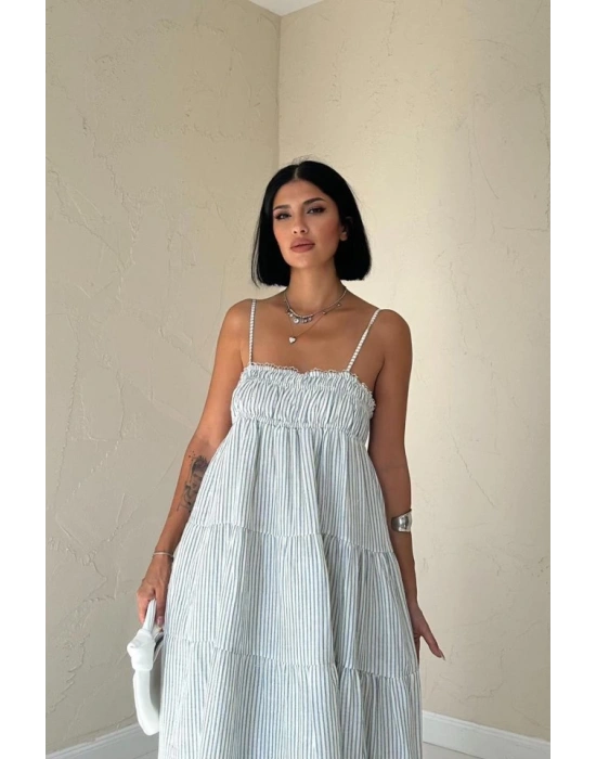 Mavi Askılı Parçalı Çizgili Müslin Elbise
