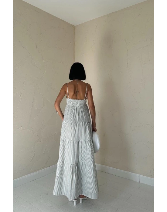 Mavi Askılı Parçalı Çizgili Müslin Elbise