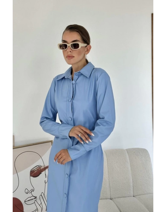 Mavi Boydan Düğmeli Deri Elbise