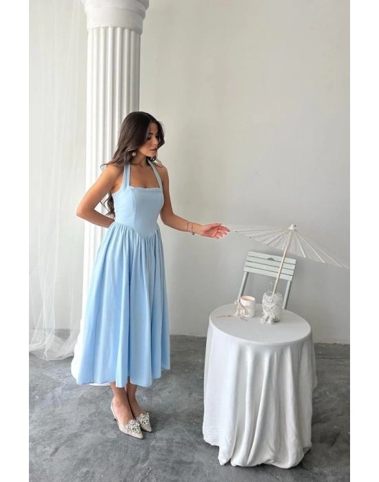 avi Boyundan Bağlamalı Keten Elbise