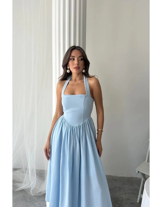 avi Boyundan Bağlamalı Keten Elbise