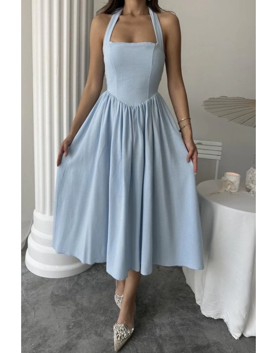 avi Boyundan Bağlamalı Keten Elbise