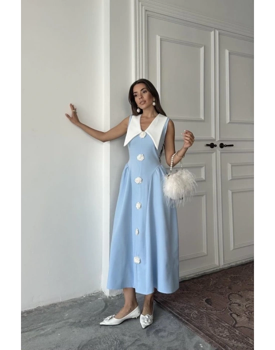 Mavi Gül Detaylı Atlas Elbise