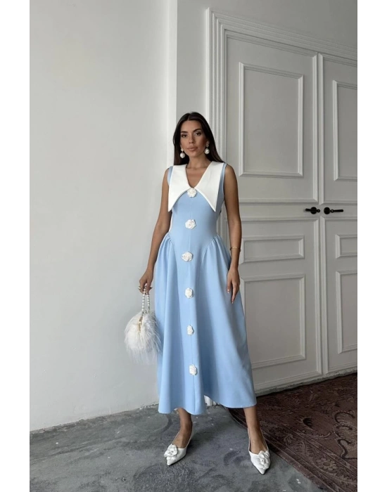 Mavi Gül Detaylı Atlas Elbise