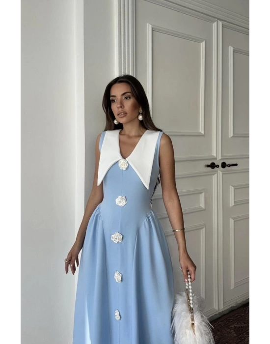 Mavi Gül Detaylı Atlas Elbise