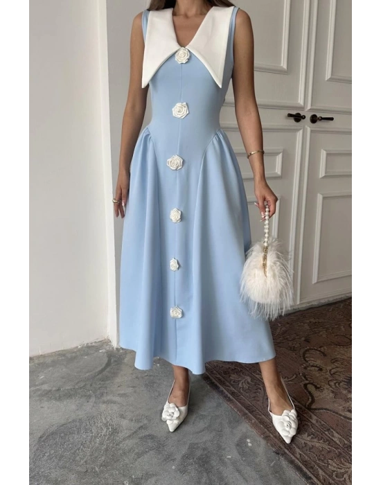 Mavi Gül Detaylı Atlas Elbise