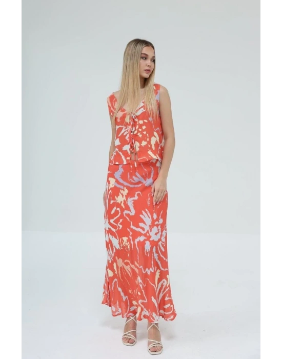 Bağcıklı Bluzlu Etek Takım  Kırmızı