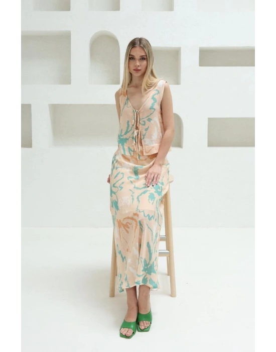 Bağcıklı Bluzlu Etek Takım  Pudra