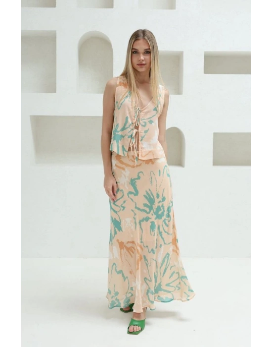 Bağcıklı Bluzlu Etek Takım  Pudra