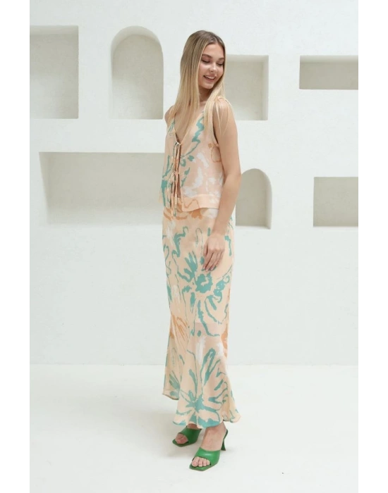 Bağcıklı Bluzlu Etek Takım  Pudra