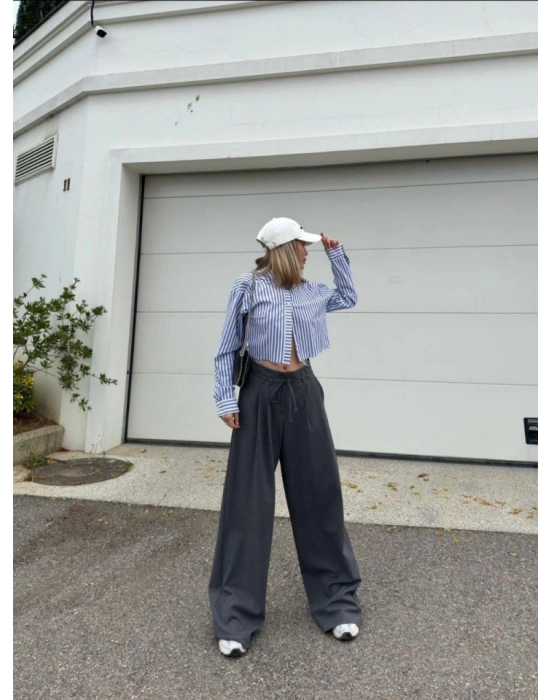 Bağcıklı Palazzo Bol Paça Pantolon  Gri