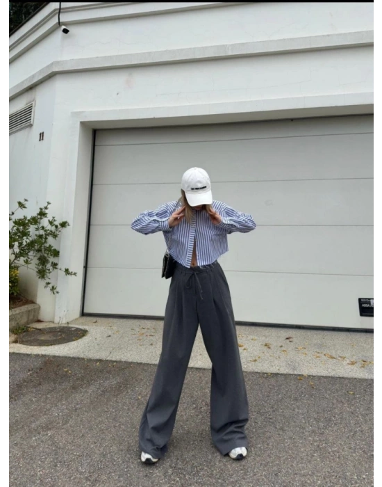 Bağcıklı Palazzo Bol Paça Pantolon  Gri