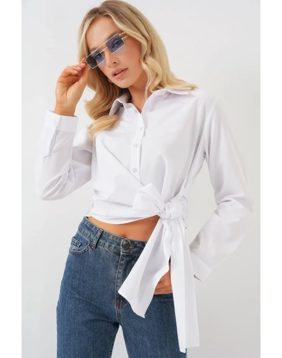 Bağlamalı Uzun Kol Gömlek 20325  Beyaz
