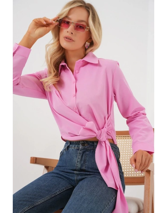 Bağlamalı Uzun Kol Gömlek 20325  Pembe