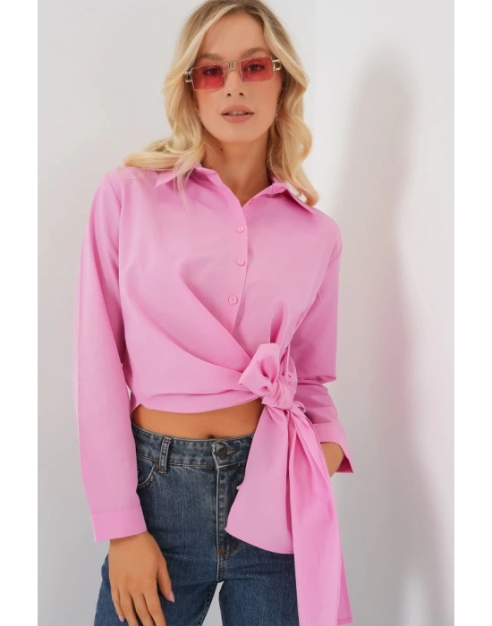 Bağlamalı Uzun Kol Gömlek 20325  Pembe