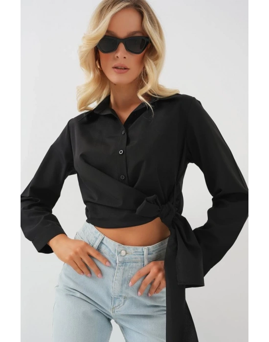 Bağlamalı Uzun Kol Gömlek 20325  Siyah