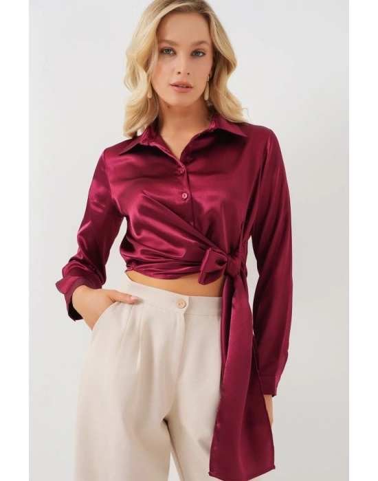 Bağlamalı Uzun Kol Saten Gömlek 20287  Bordo
