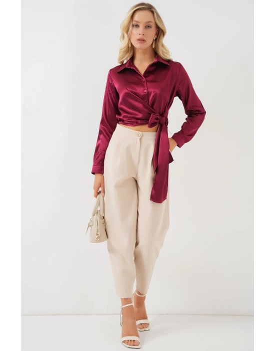 Bağlamalı Uzun Kol Saten Gömlek 20287  Bordo