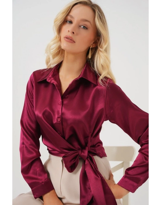 Bağlamalı Uzun Kol Saten Gömlek 20287  Bordo