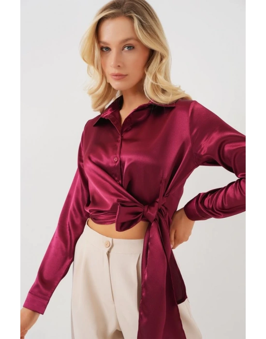 Bağlamalı Uzun Kol Saten Gömlek 20287  Bordo