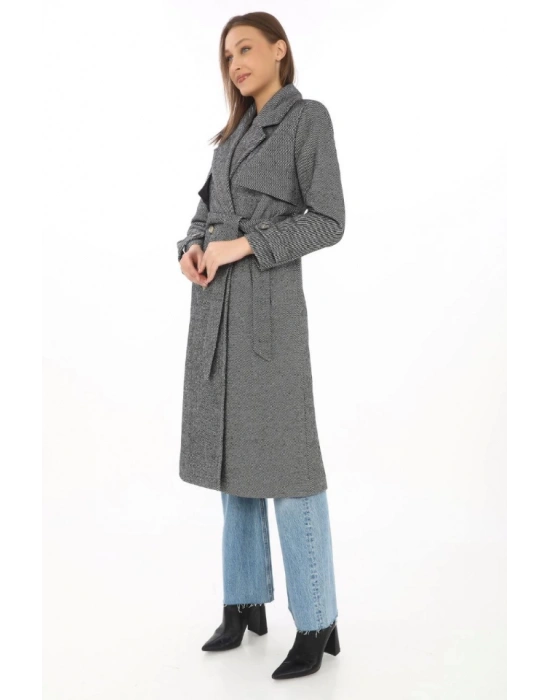Balık Sırtı Kaşmir Uzun Kaşe Kaban  Boyalı Gri