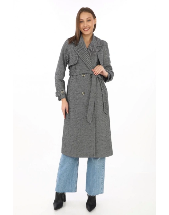 Balık Sırtı Kaşmir Uzun Kaşe Kaban  Boyalı Gri