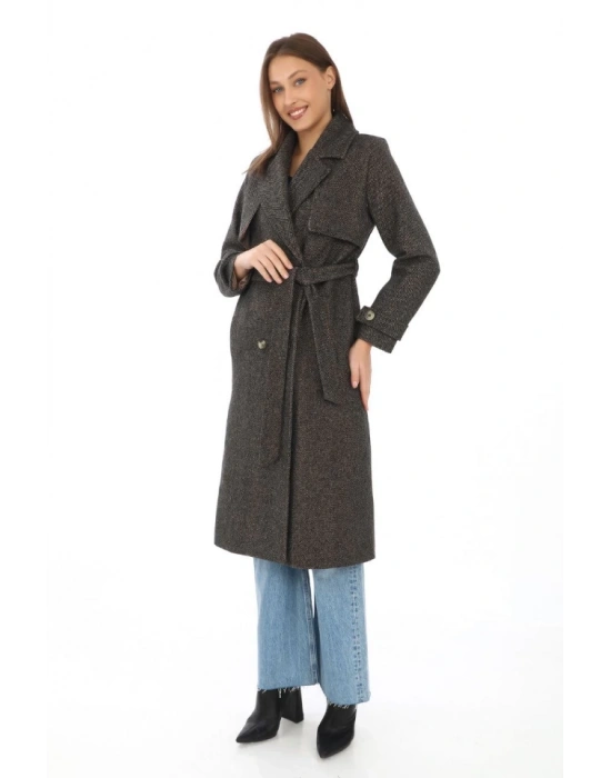 Balık Sırtı Yünlü Dokuma Kaşe Kaban – Kruvaze Yaka, Kuşaklı, Cepli, Astarlı Uzun Boy Tesettür Şık Kışlık Kaşe Kaban odeli  Kahverengi