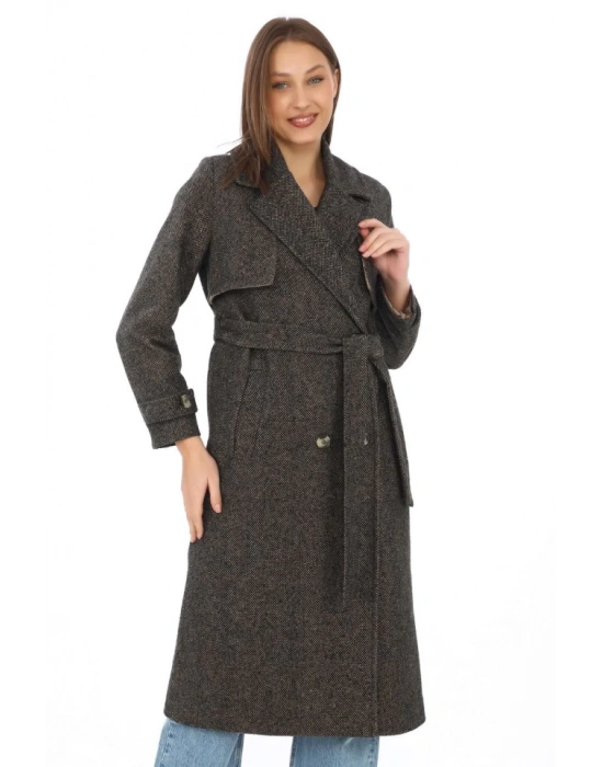 Balık Sırtı Yünlü Dokuma Kaşe Kaban – Kruvaze Yaka, Kuşaklı, Cepli, Astarlı Uzun Boy Tesettür Şık Kışlık Kaşe Kaban odeli  Kahverengi