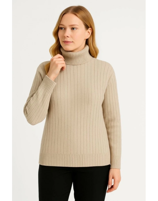 Balıkcı Yaka Bağazlı Triko Kazak Pamuklu Kalın Fitilli Dokuma  Bej