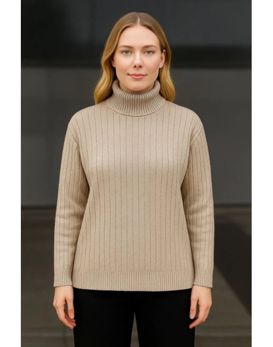 Balıkcı Yaka Bağazlı Triko Kazak Pamuklu Kalın Fitilli Dokuma  Bej