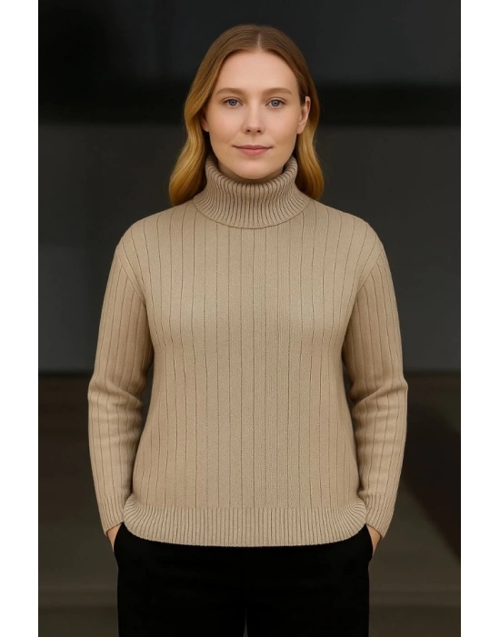 Balıkcı Yaka Bağazlı Triko Kazak Pamuklu Kalın Fitilli Dokuma  Bej