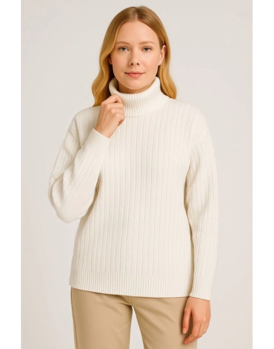 Balıkcı Yaka Bağazlı Triko Kazak Pamuklu Kalın Fitilli Dokuma  Beyaz