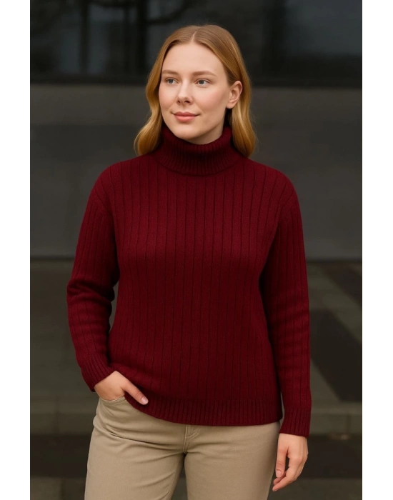 Balıkcı Yaka Bağazlı Triko Kazak Pamuklu Kalın Fitilli Dokuma  Bordo