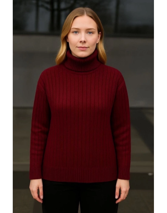 Balıkcı Yaka Bağazlı Triko Kazak Pamuklu Kalın Fitilli Dokuma  Bordo