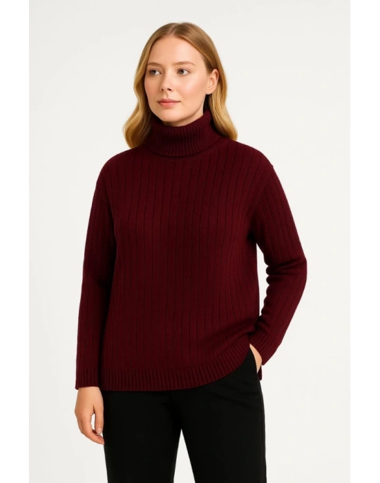 Balıkcı Yaka Bağazlı Triko Kazak Pamuklu Kalın Fitilli Dokuma  Bordo