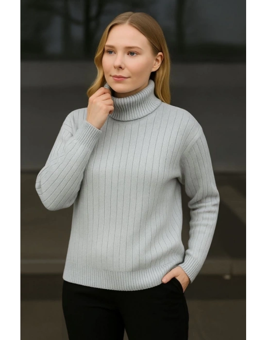 Balıkcı Yaka Bağazlı Triko Kazak Pamuklu Kalın Fitilli Dokuma  Gri