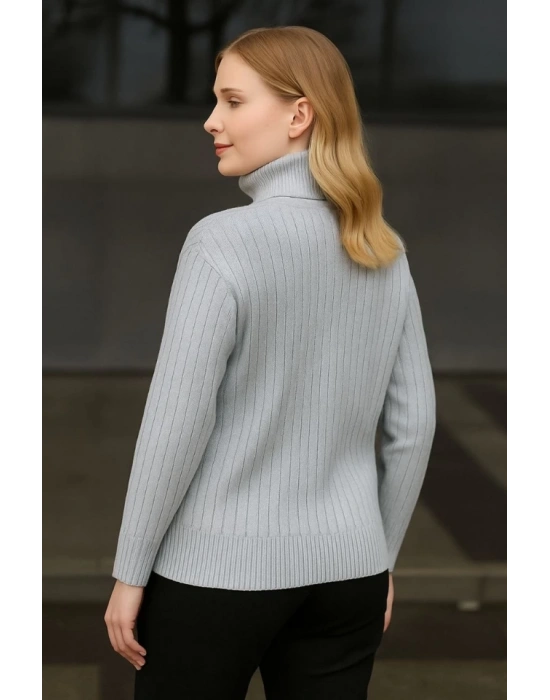 Balıkcı Yaka Bağazlı Triko Kazak Pamuklu Kalın Fitilli Dokuma  Gri