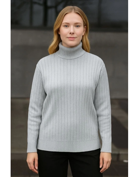 Balıkcı Yaka Bağazlı Triko Kazak Pamuklu Kalın Fitilli Dokuma  Gri