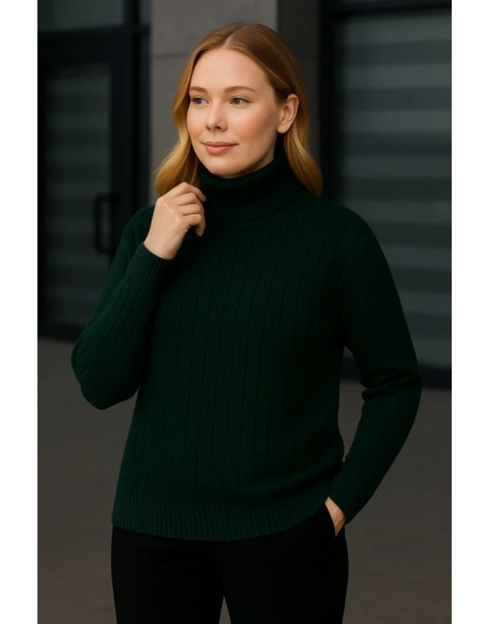 Balıkcı Yaka Bağazlı Triko Kazak Pamuklu Kalın Fitilli Dokuma  Haki