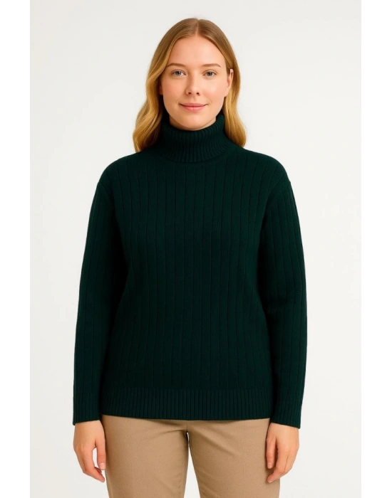 Balıkcı Yaka Bağazlı Triko Kazak Pamuklu Kalın Fitilli Dokuma  Haki