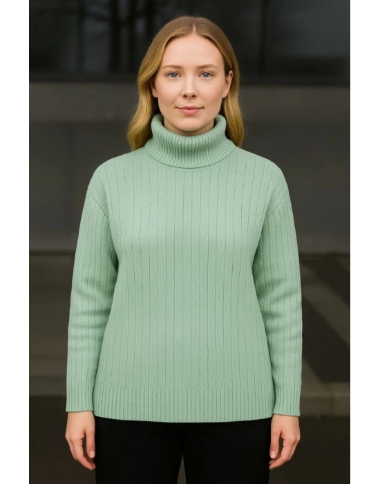 Balıkcı Yaka Bağazlı Triko Kazak Pamuklu Kalın Fitilli Dokuma  int Yeşili