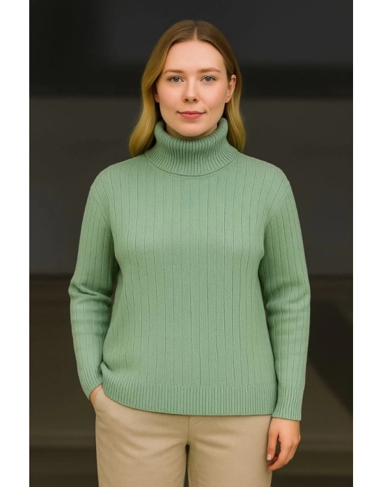 Balıkcı Yaka Bağazlı Triko Kazak Pamuklu Kalın Fitilli Dokuma  int Yeşili